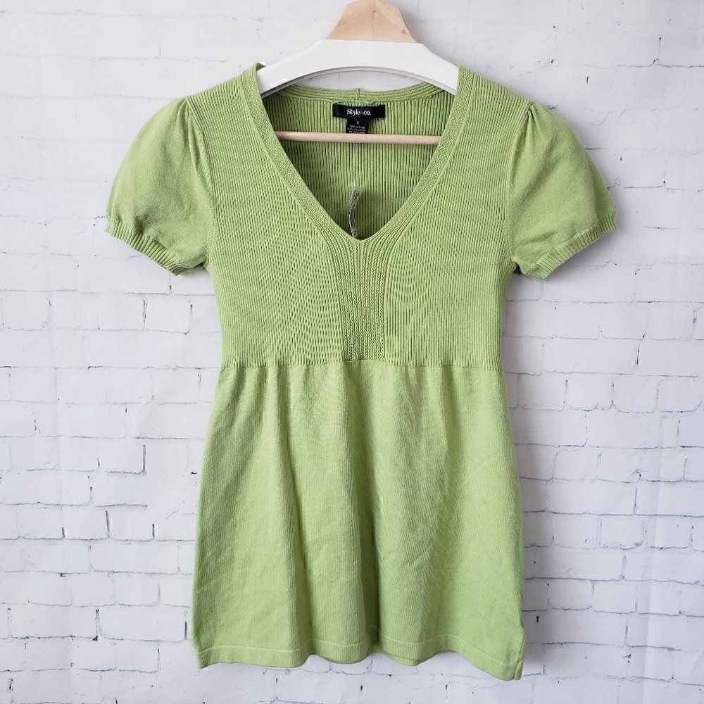 Style&Co Y2K Babydoll Sweater Top V-Neck Size S Green Ribbed Knit Twilight New